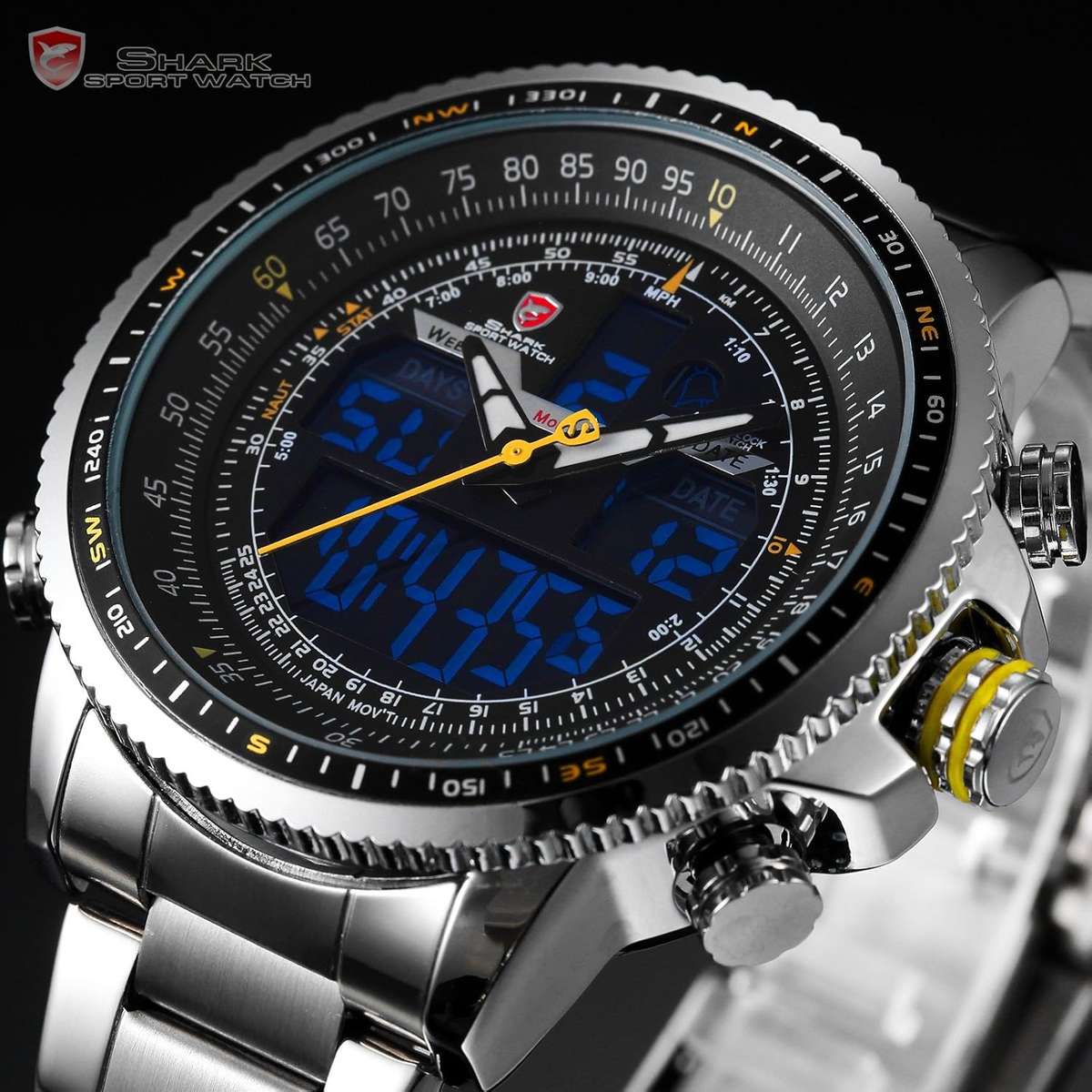 SHARK Winghead Pilot Dual Movement Alarm Stainless Steel Case Sport Watch BRAND NEW