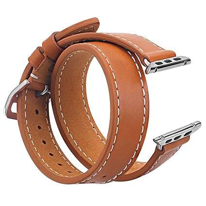 V-Moro 38mm Double Tour Leather Band with Metal Clasp for Apple iWatch 5.43-6.49 Inches - Brown
