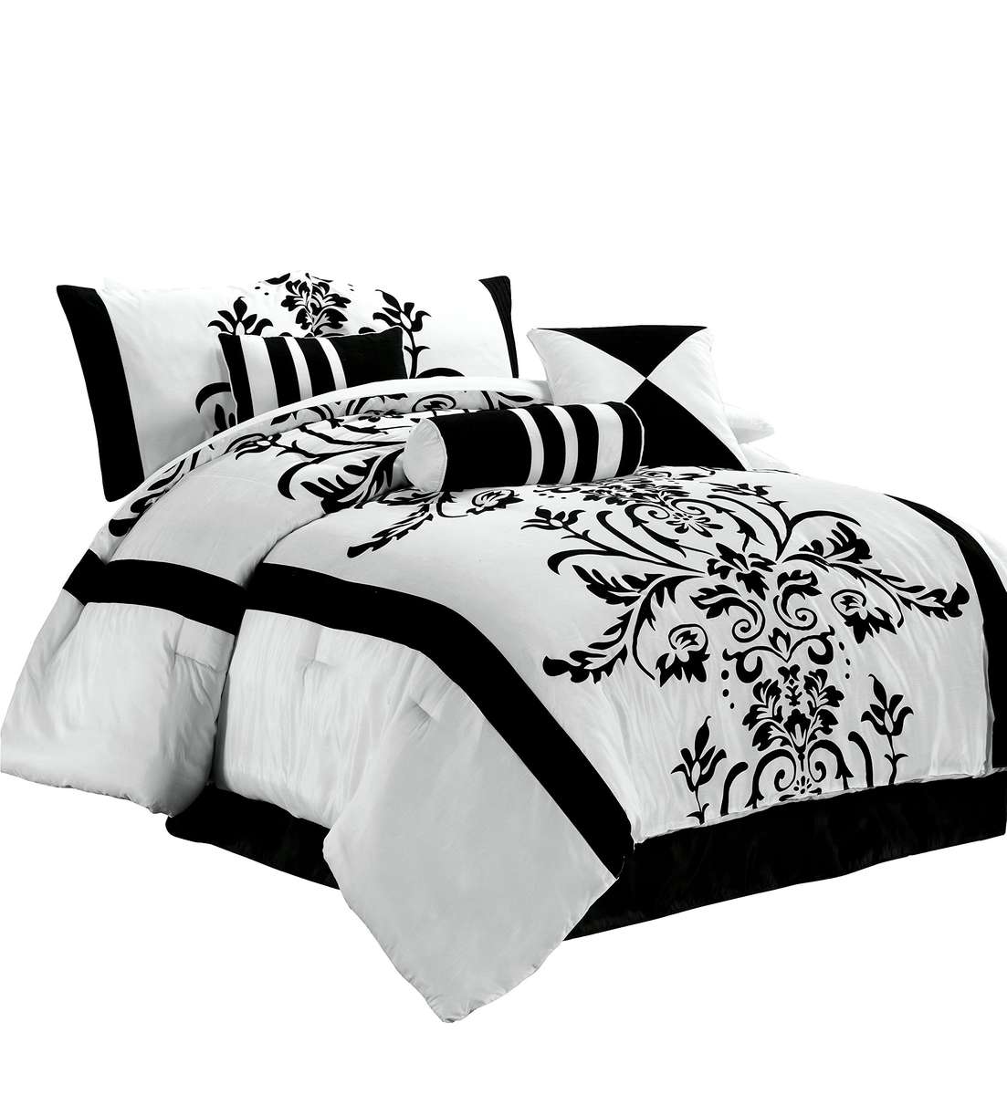 3-Piece White with Black Floral Flocking duvet Set, Queen