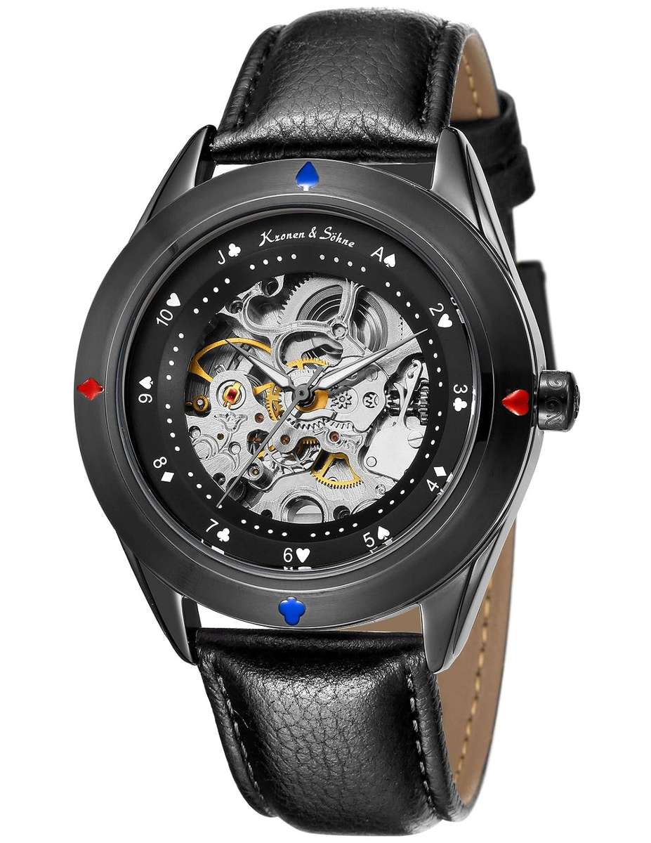 KRONEN & SOHNE Automatic Skeleton Ionized Black Leather Watch Brand new w/ box, papers