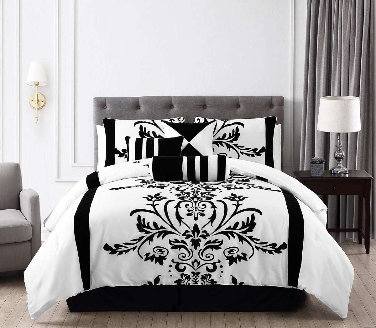 3-Piece White with Black Floral Flocking duvet Set, Queen