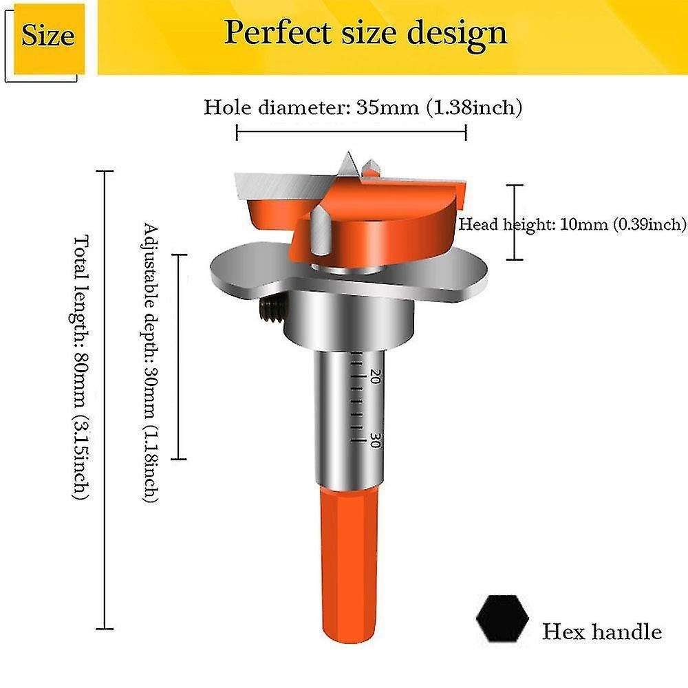Hinge Jig Drill Guide Set, Hex Handle Adjustable 35mm Forstner Bit