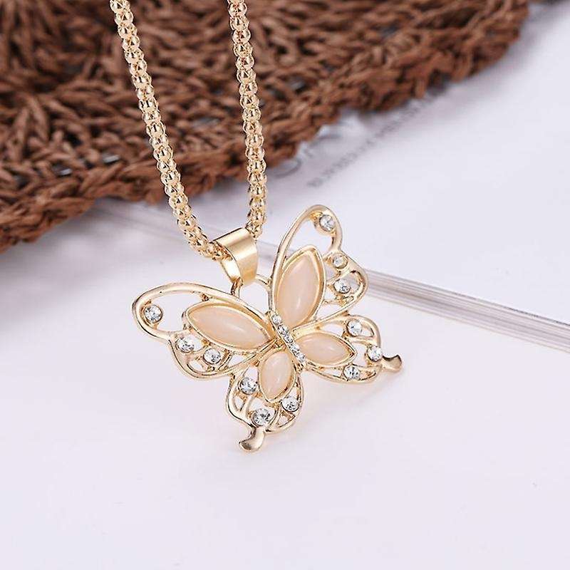 New Gold Opal Butterfly Pendant Necklace for Women Girls Jewelry