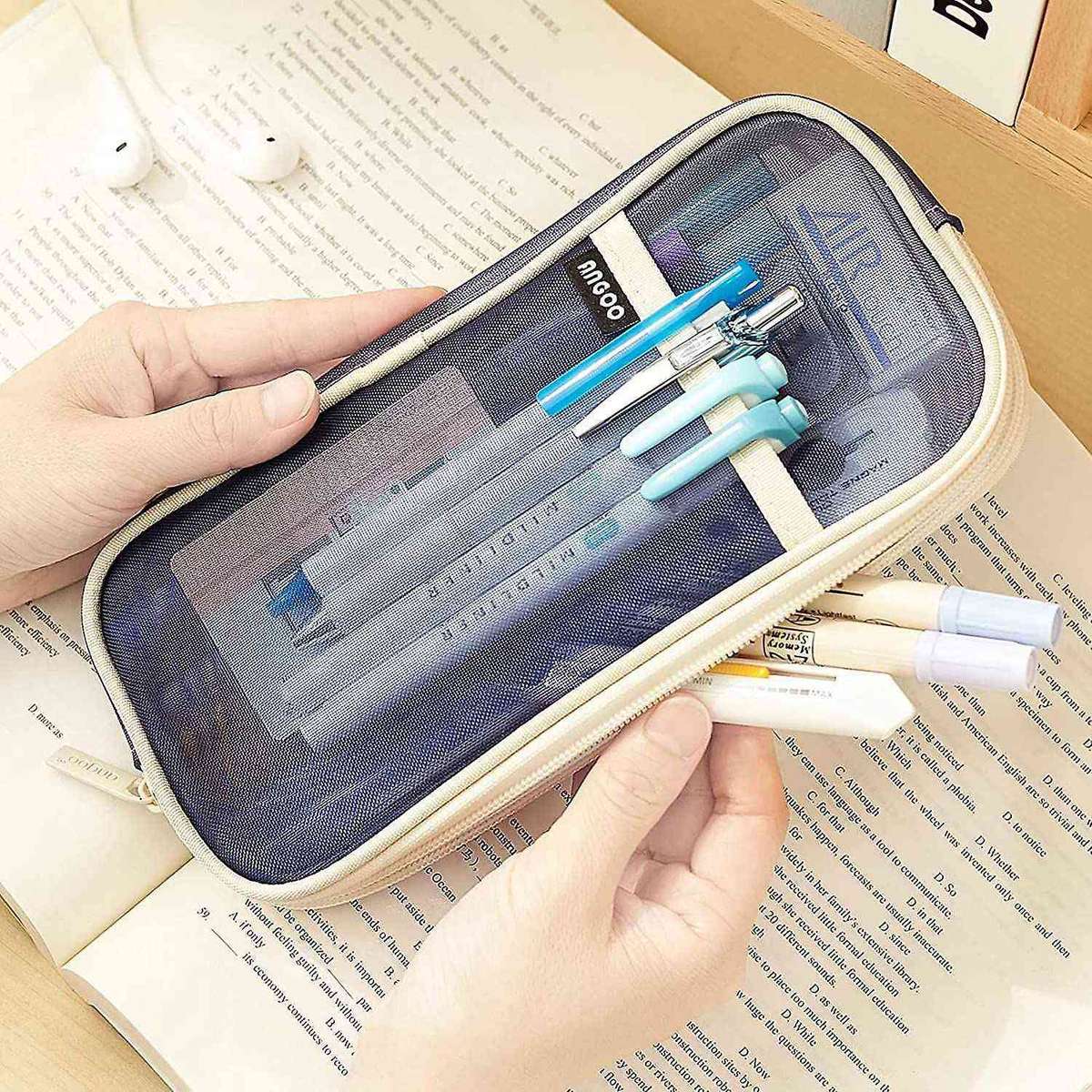 Angoo Grid Mesh Pen Pencil Case with Zipper Clear Makeup(beige Blue)