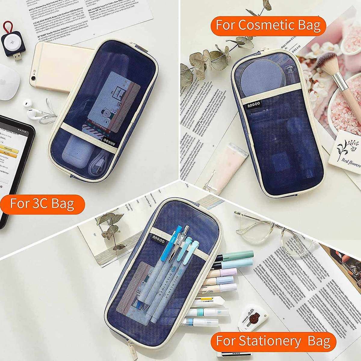 Angoo Grid Mesh Pen Pencil Case with Zipper Clear Makeup(beige Blue)