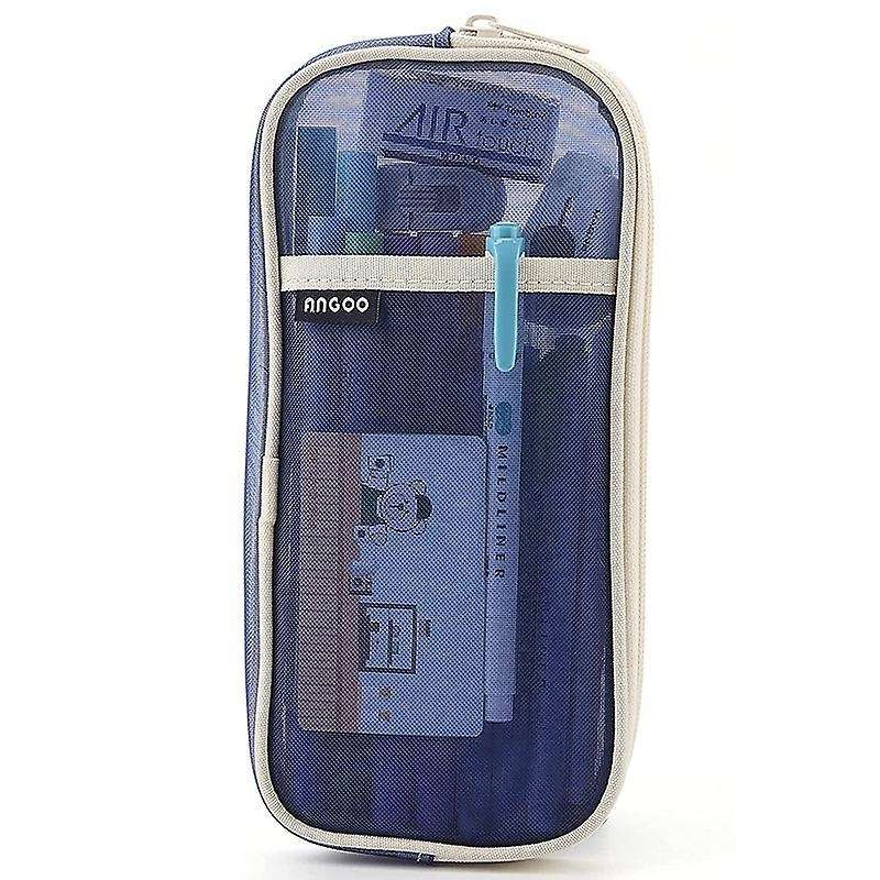 Angoo Grid Mesh Pen Pencil Case with Zipper Clear Makeup(beige Blue)