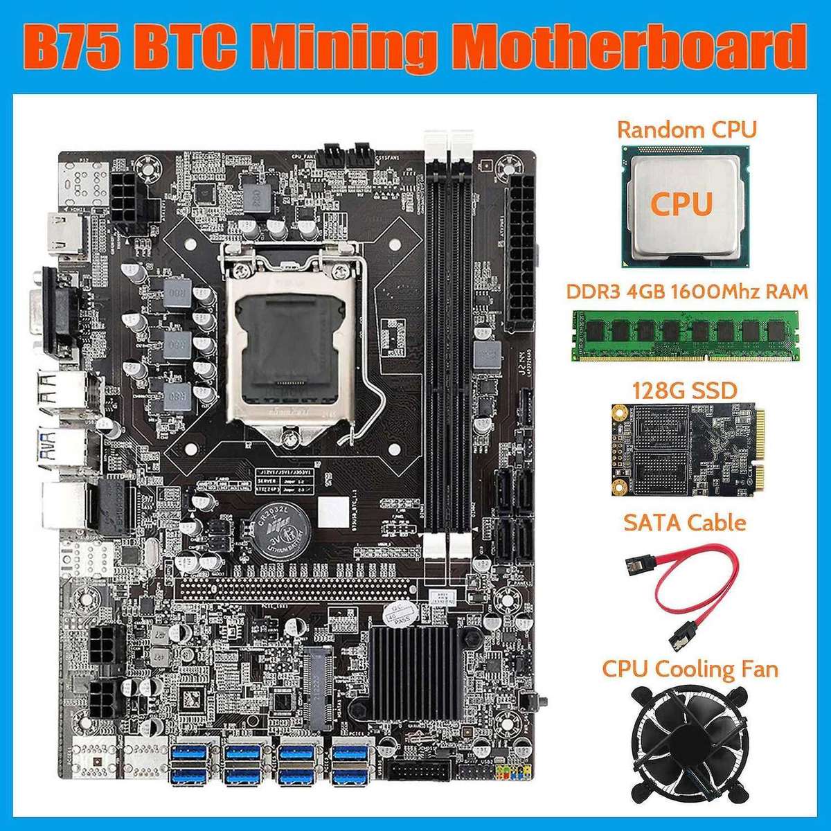 B75 Usb Btc Mining Motherboard+cpu+fan+ddr3 4gb 1600mhz Ram+128g Ssd