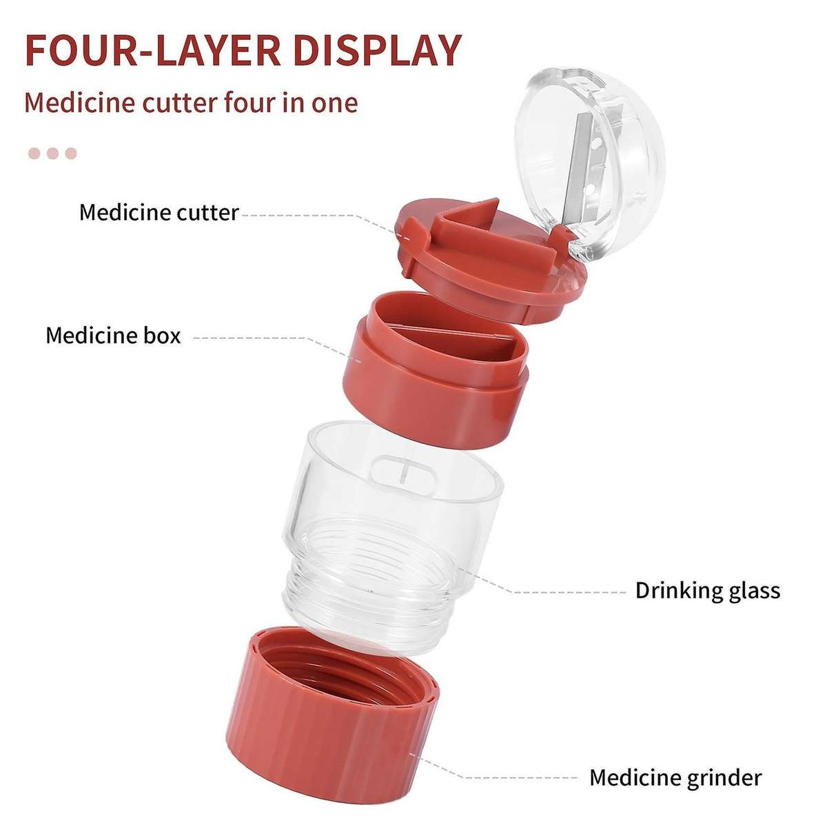 Medicine Pill Box Pill Grinder Pill Cutter Pill Container, Red