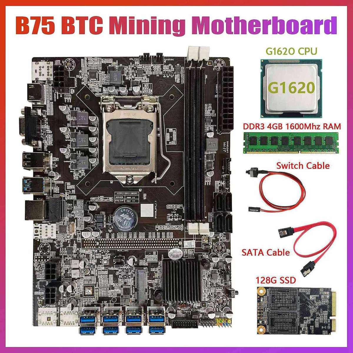 B75 Btc Mining Motherboard+g1620 Cpu+ddr3 4gb 1600mhz Ram+128g Ssd