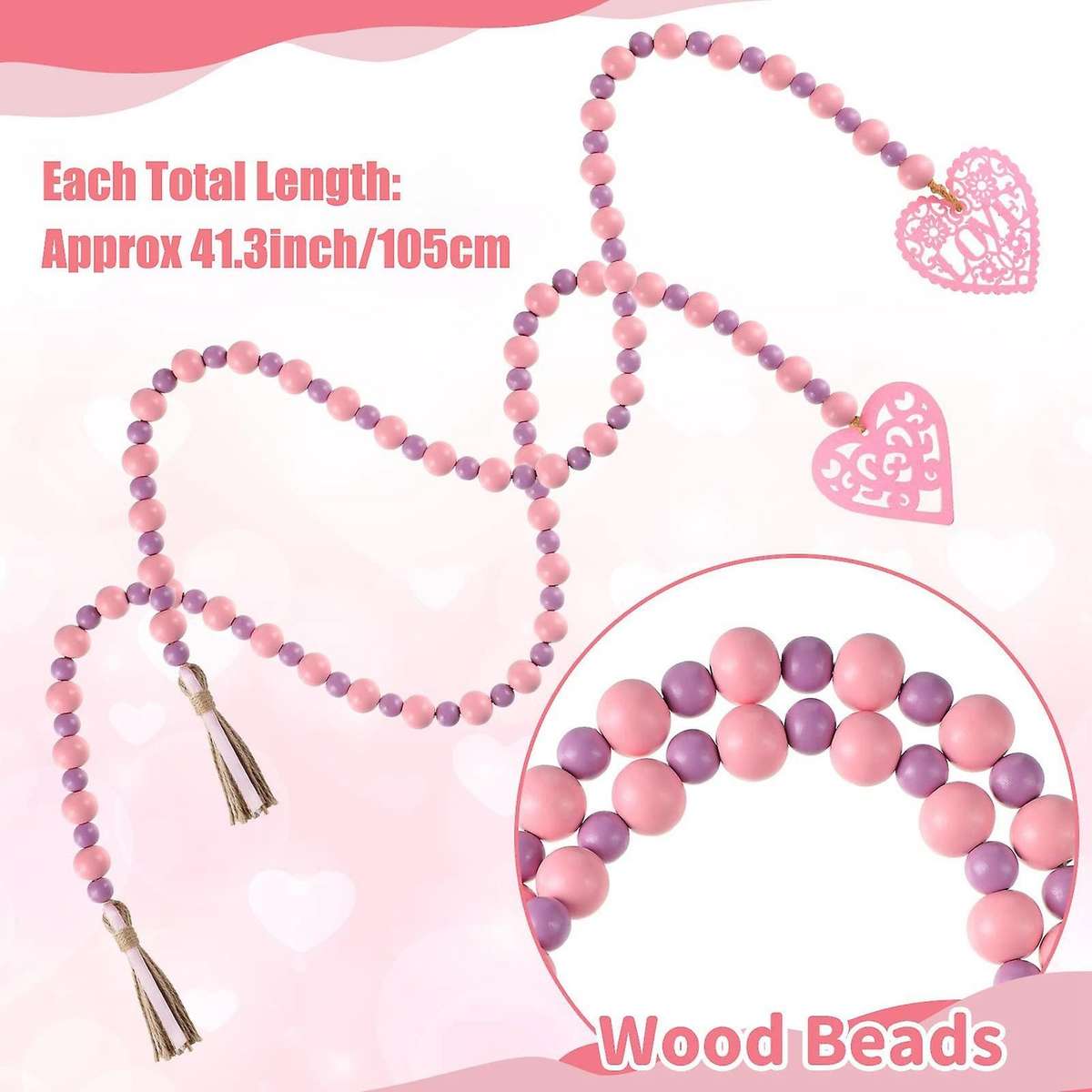 Valentine's Day Wooden Bead Garlands with Tassel for Home Decor, B