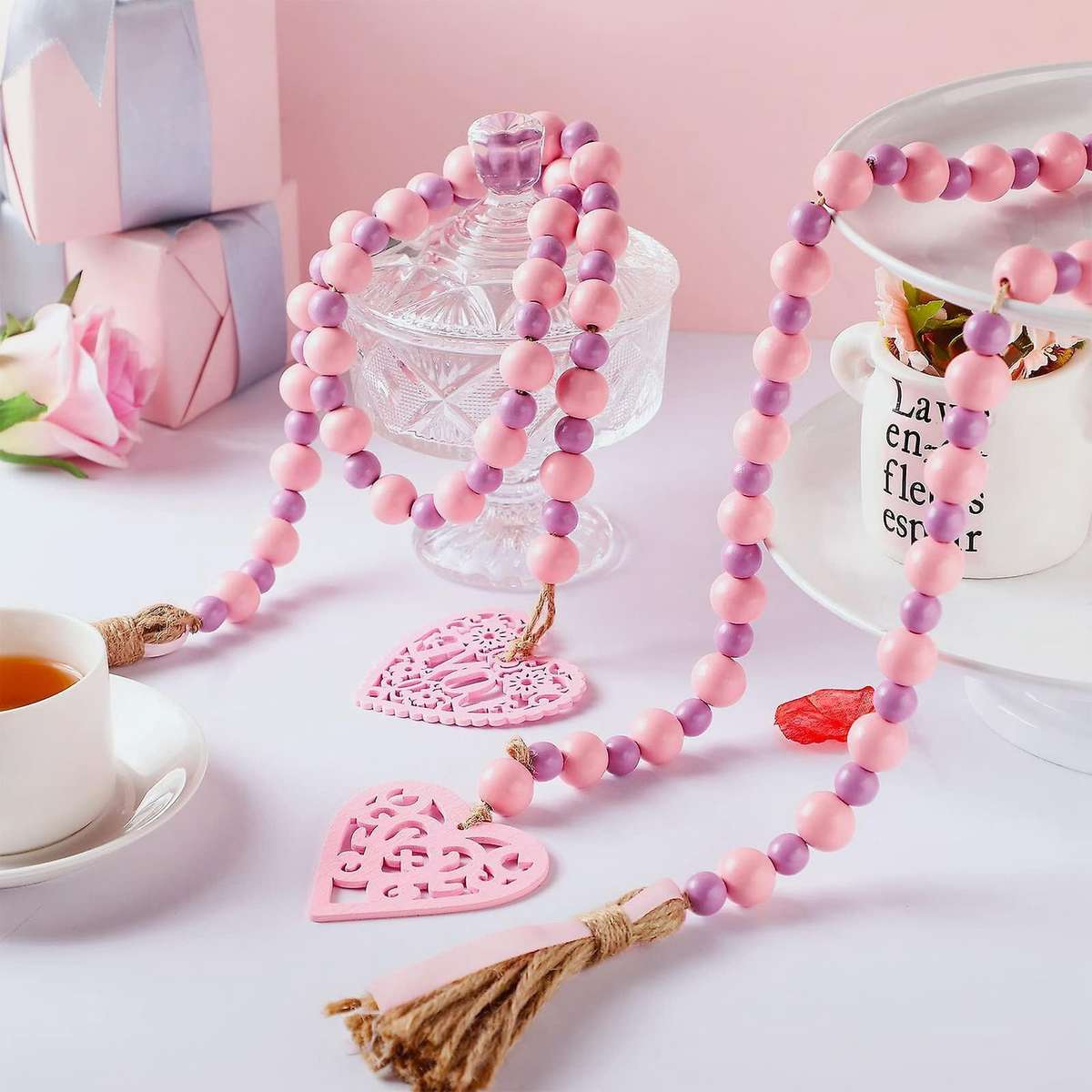 Valentine's Day Wooden Bead Garlands with Tassel for Home Decor, B