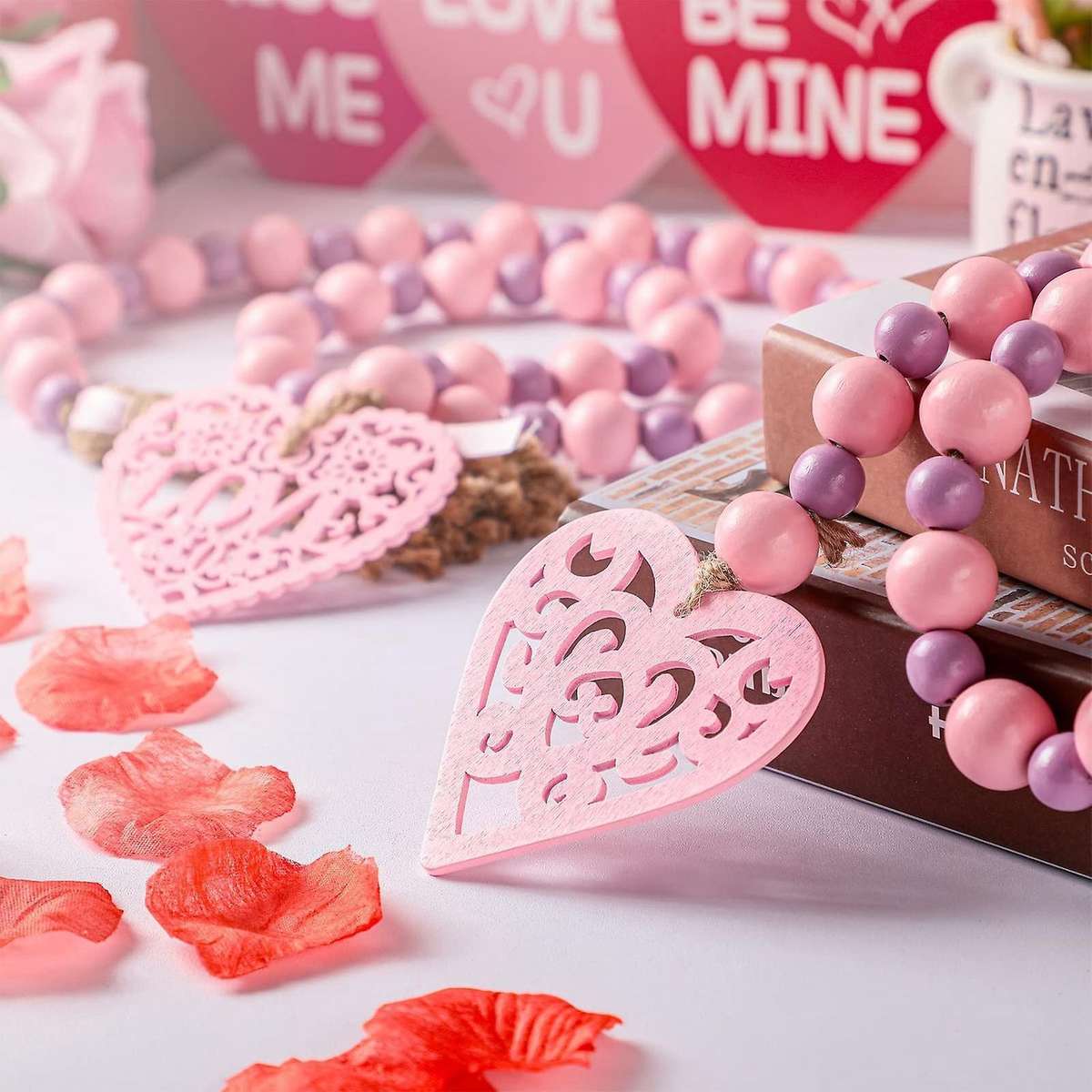 Valentine's Day Wooden Bead Garlands with Tassel for Home Decor, A