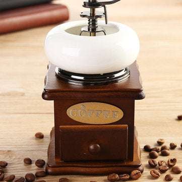 Retro White Ceramic Manual Coffee Bean Grinder Wooden Nut Mill Cafe Hand Grinding Tool
