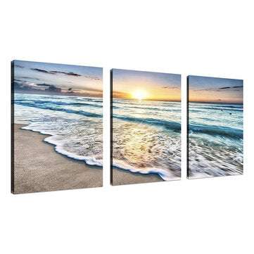 Beach Canvas Wall Art Sunset Sand Ocean Sea Wave 3 Panel Home Picture Decor Pa... (FRAME: DIBINGKAI)