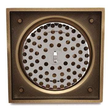 Antique Brass Square Floor Drain for Bathroom Kitchen w/ Strainer Grate 10X10X4.5cm