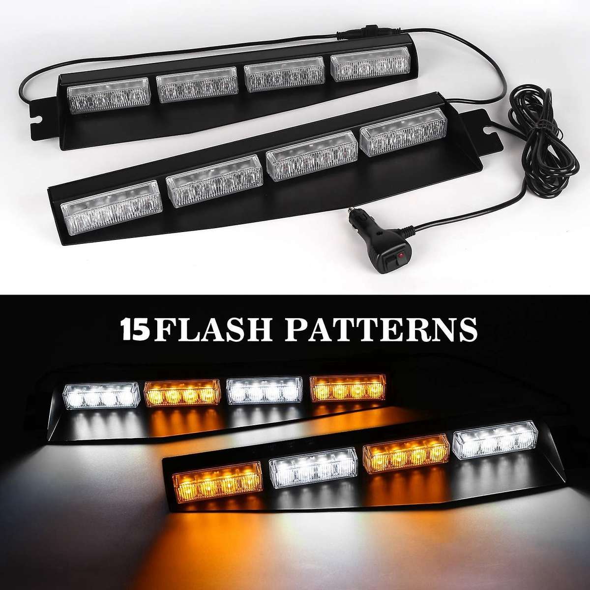 (Yellow&White) 32LED Visor Lights 15 Flash Patterns Emergency Strobe Lights Windshield Split Mount L