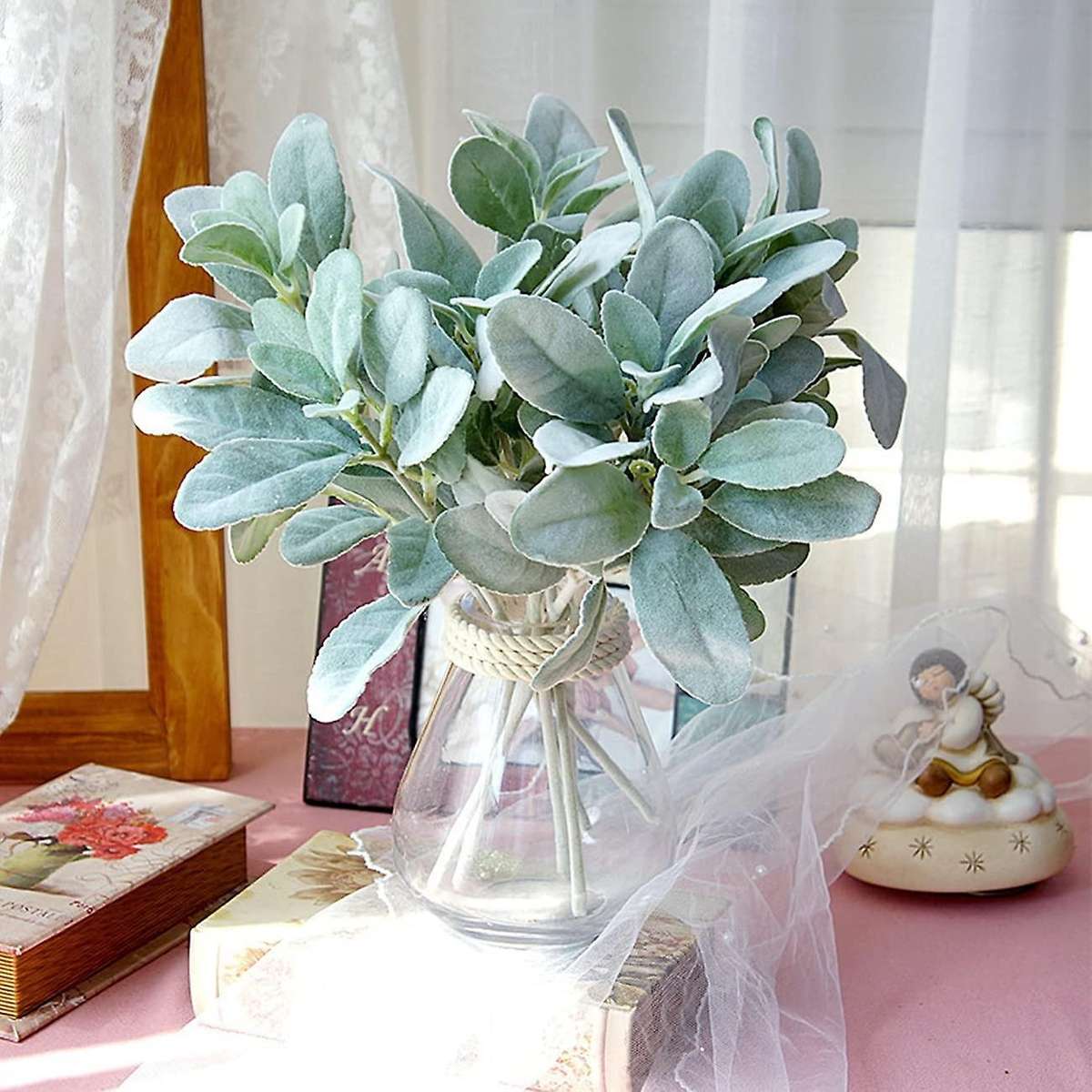 10 Pcs Artificial Flocked Lambs Ear Leaves Flocked Compatible Home Wedding