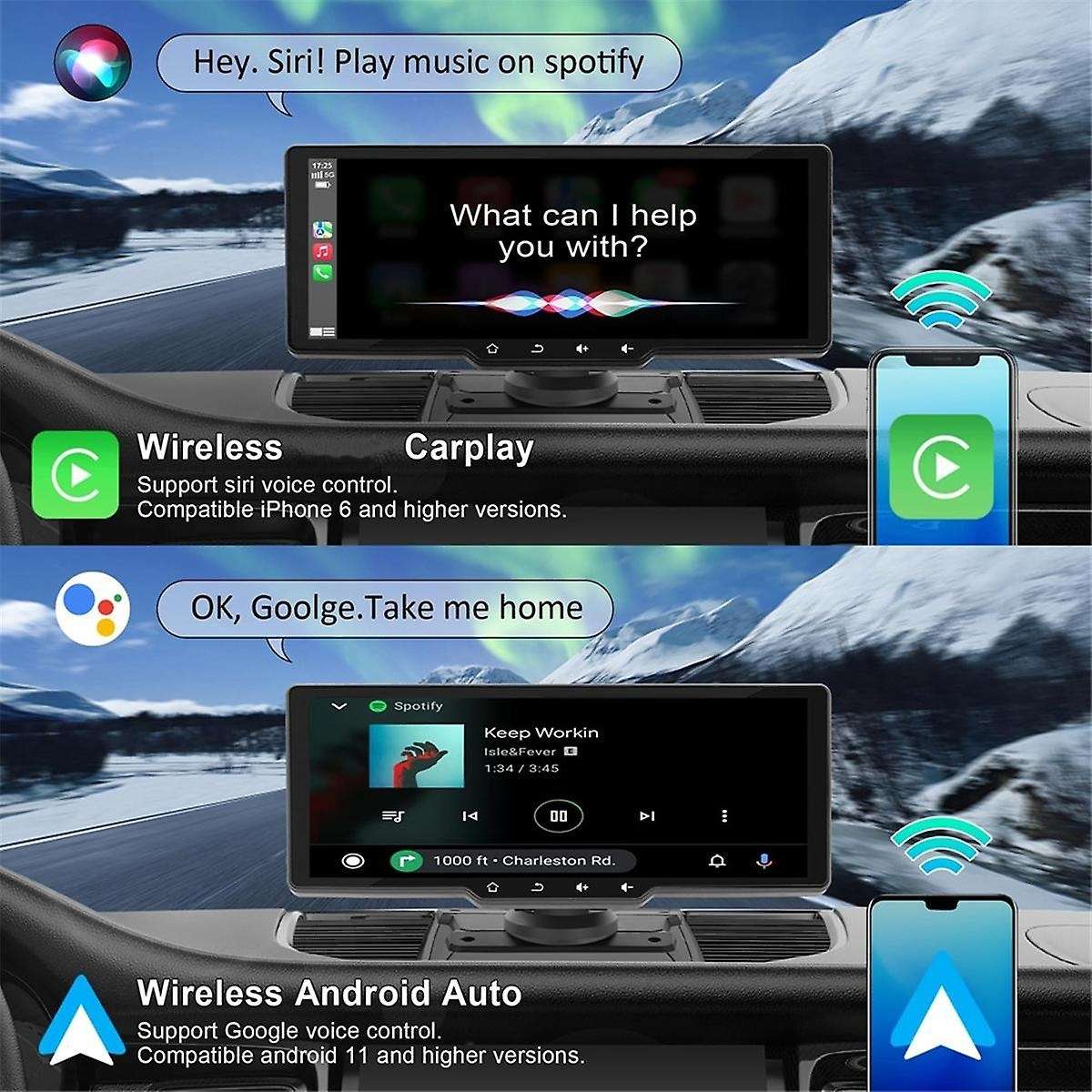 10.26In Portable Car Radio with Backup Camera, Wireless Dash Mount CarPlay & Android Auto Stereo Blu