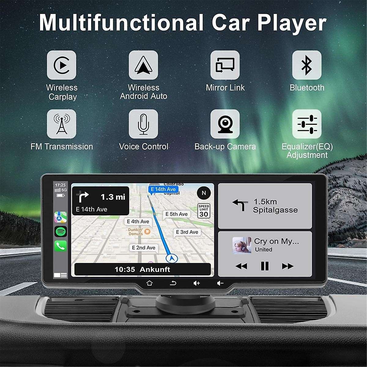 10.26In Portable Car Radio with Backup Camera, Wireless Dash Mount CarPlay & Android Auto Stereo Blu
