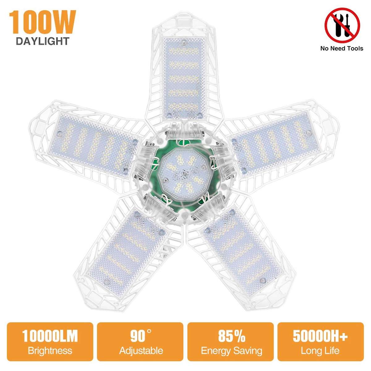 100W LED Five Leaf Garage Light Foldable Garage Ceiling Lamp 10000LM Deformation Basement Adjustable