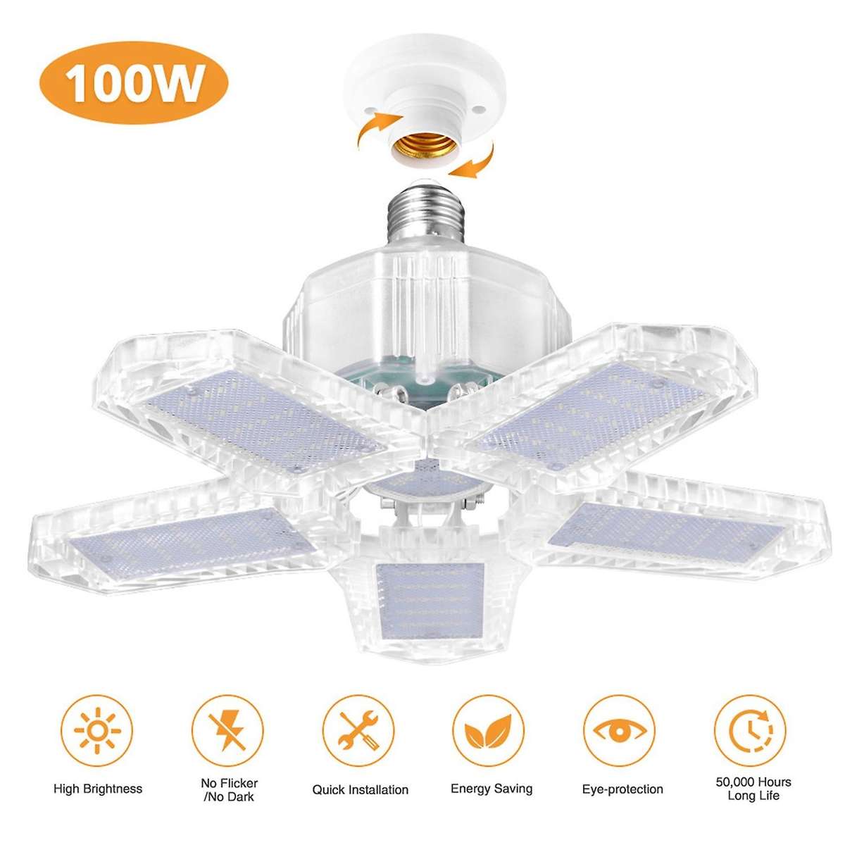 100W LED Five Leaf Garage Light Foldable Garage Ceiling Lamp 10000LM Deformation Basement Adjustable