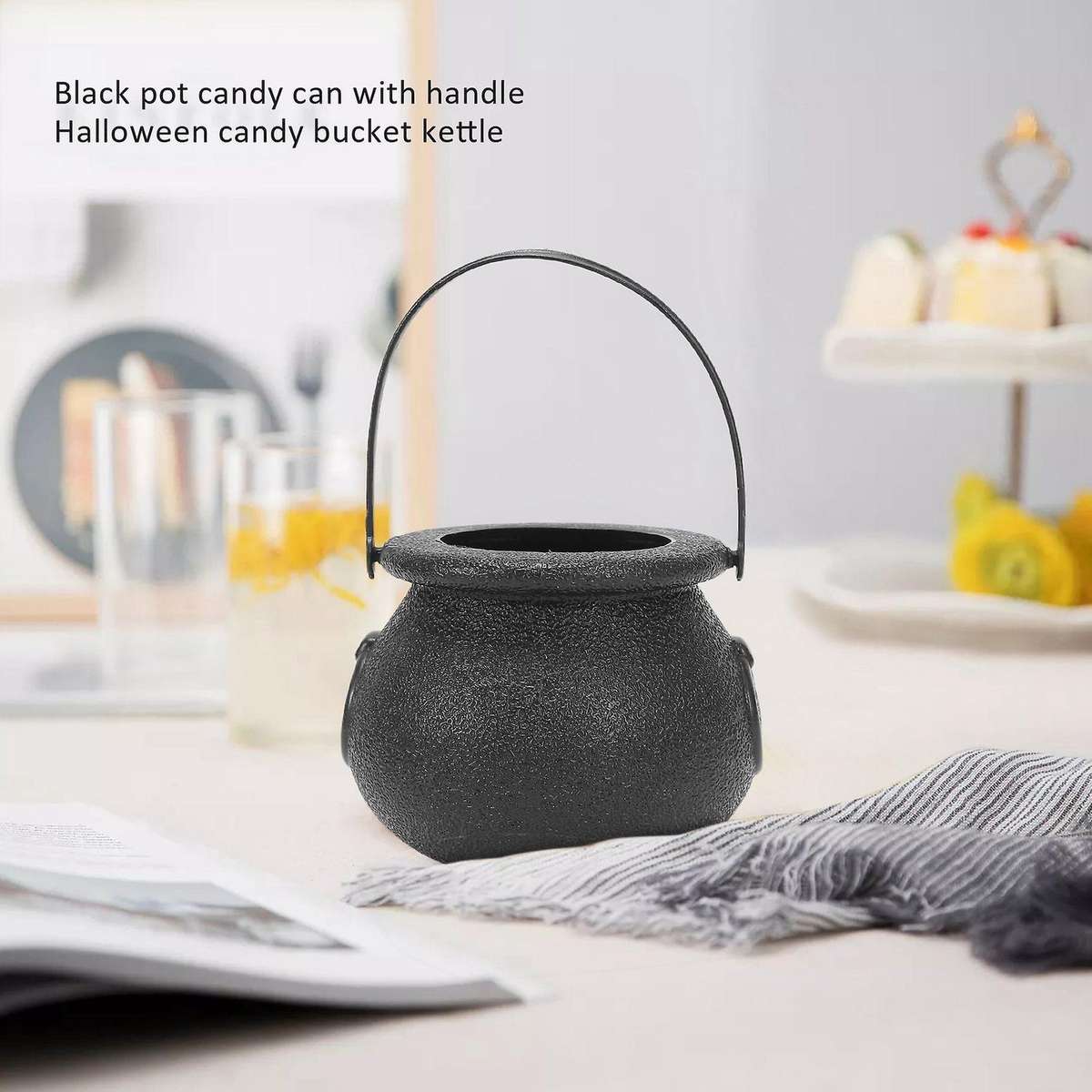 10pcs Black Cauldron Candy Holder Pot with Handle Halloween Candy Bucket Kettle Mini Black Witch Ca