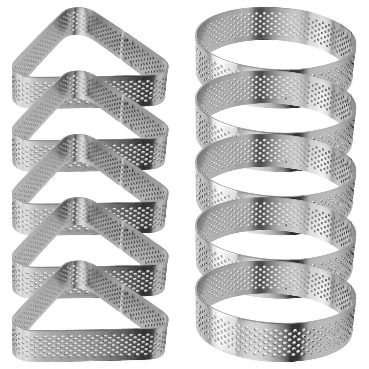 10pcs Round & Triangular Stainless Steel Tart Ring Tower Pie Cake Mould Baking Perforated Dessert C