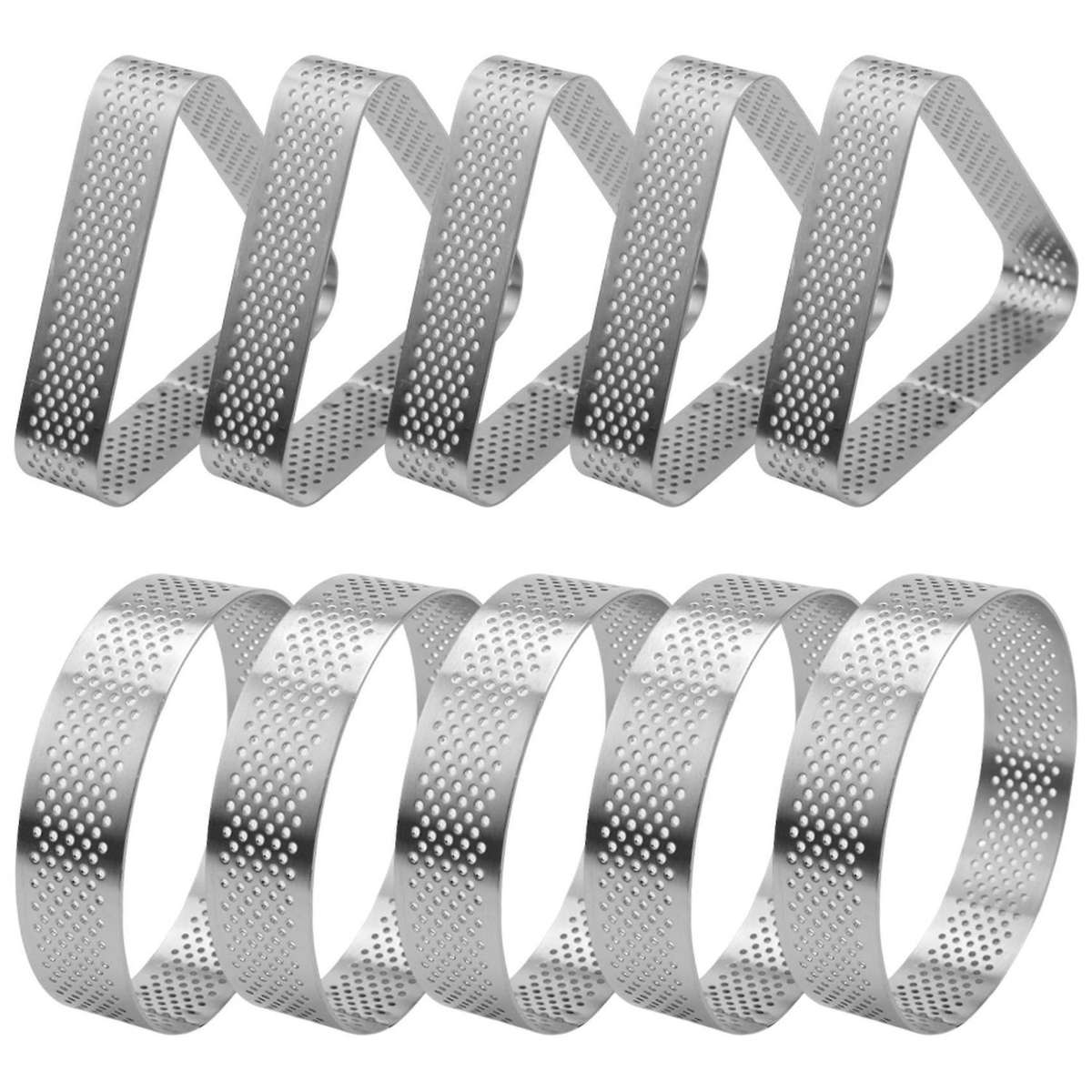 10pcs Round & Triangular Stainless Steel Tart Ring Tower Pie Cake Mould Baking Perforated Dessert C