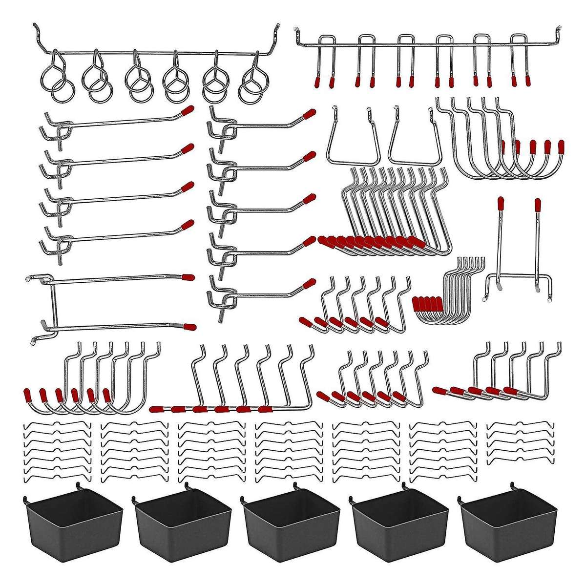 114 Pcs Hooks Assortment with Metal Hooks Sets, Bins, Peg Locks for Organizing Storage System Tools