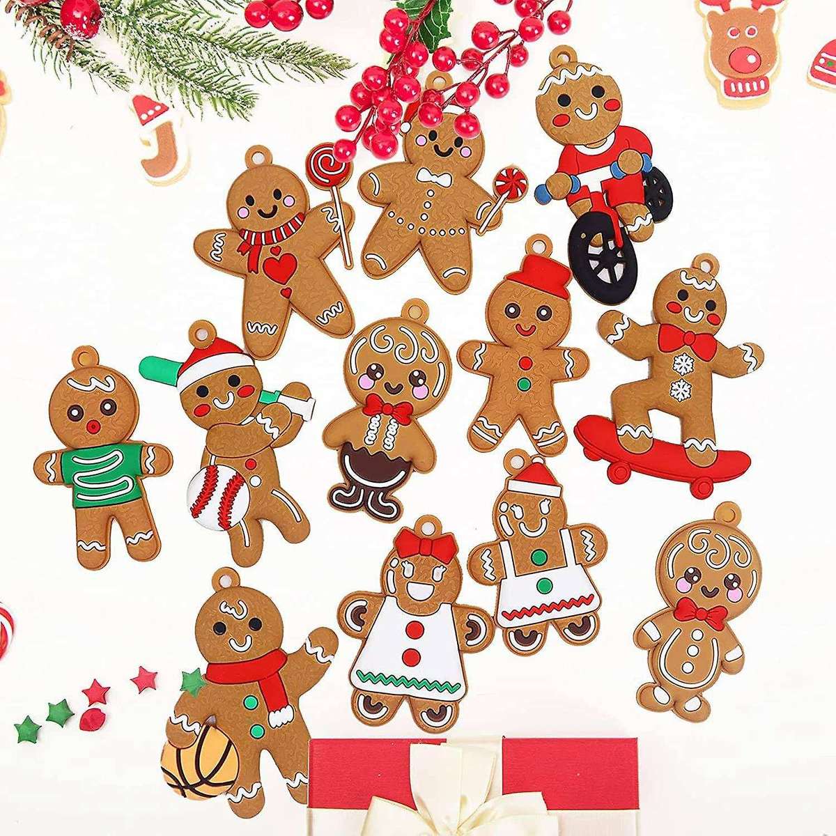 12 Pack Christmas Gingerbread Man Ornaments Sports Gingerbread Man Decorations for Christmas Tree Ha
