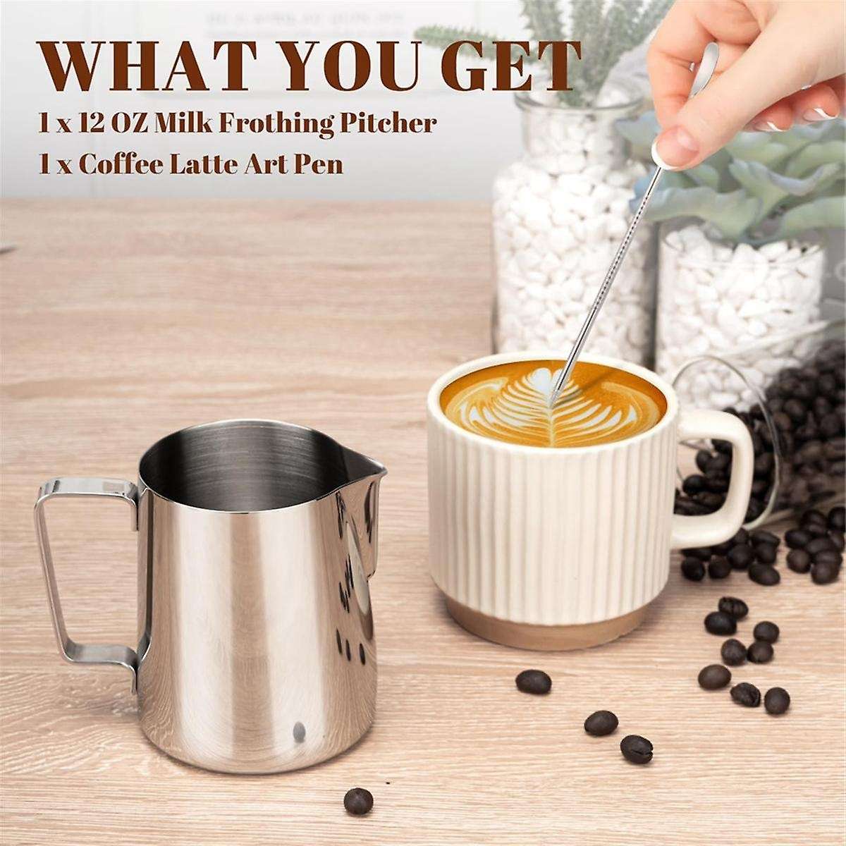 12Oz Milk Frothing Pitcher Cappuccino Espresso Machine Accessories with Latte Pen Clear Scale for Ho