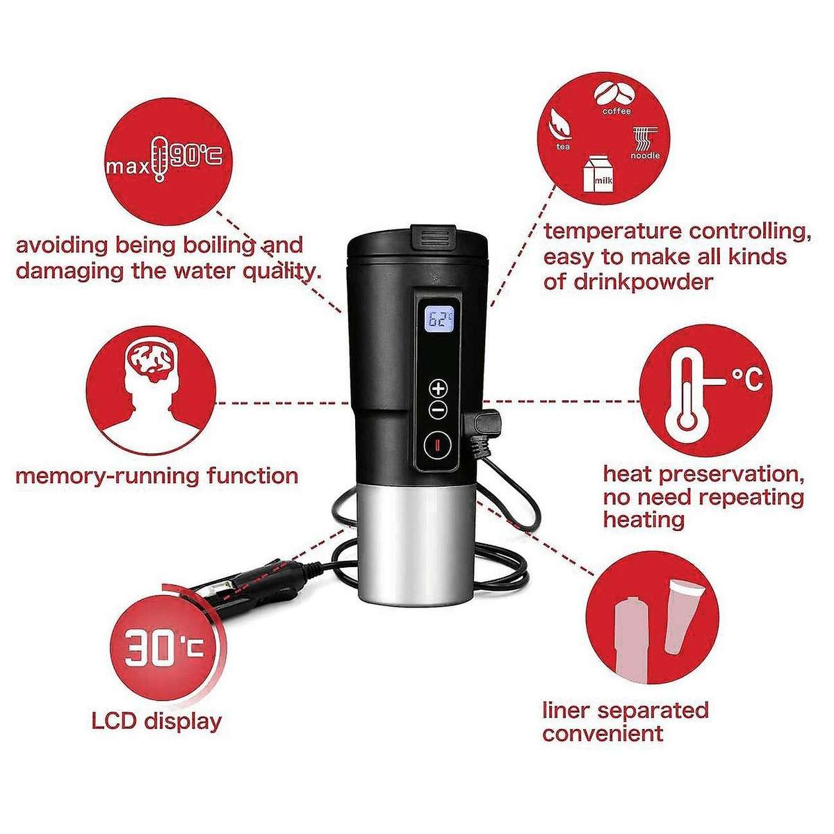12V 410ML Digital Display Electric Hot Water Vacuum Cup Thermostat Car Home Temperature Control Heat