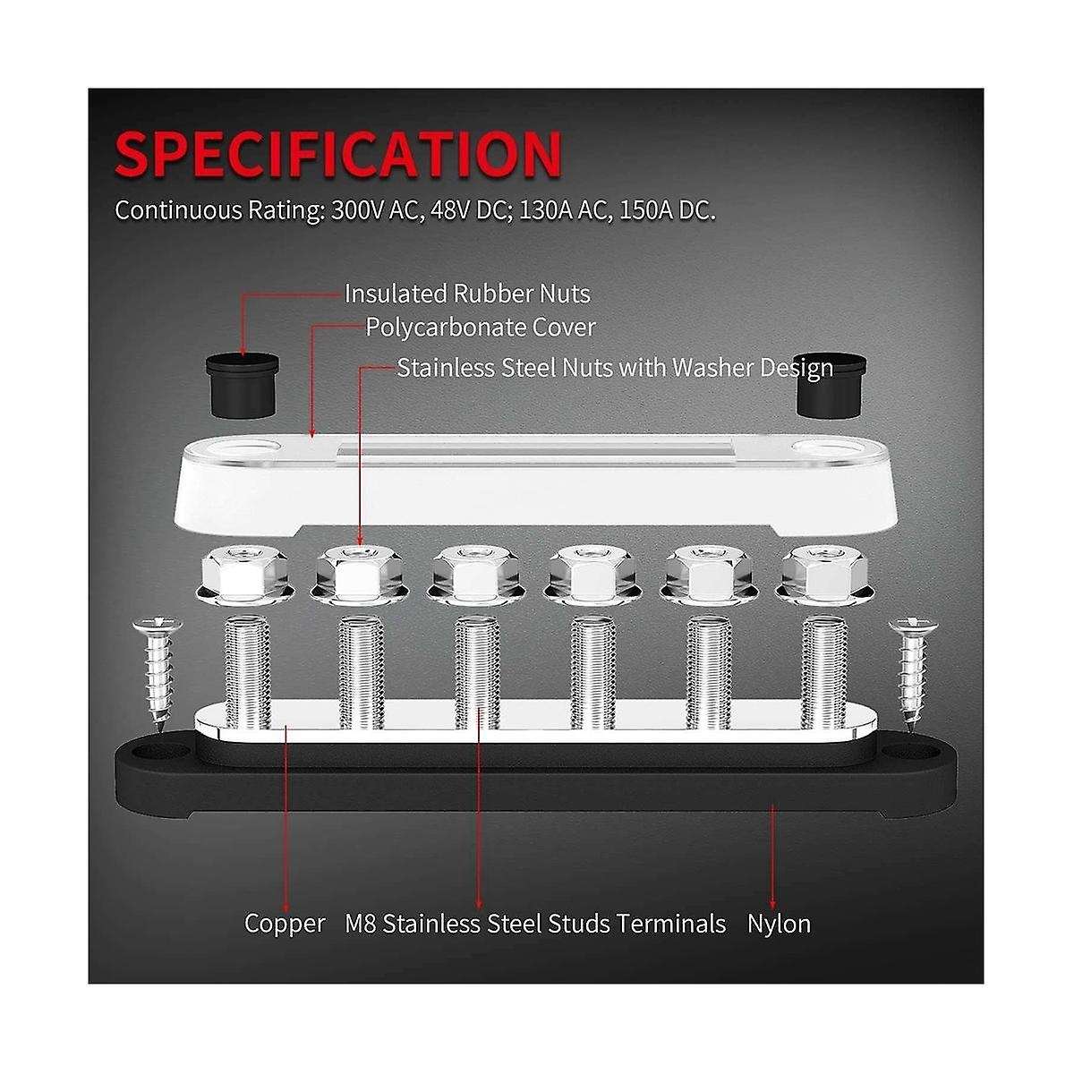 12v Bus Bar 6x5/16inch (m8) Terminal Studs 12 Volt Power Distribution Block with Cover Battery Bus B