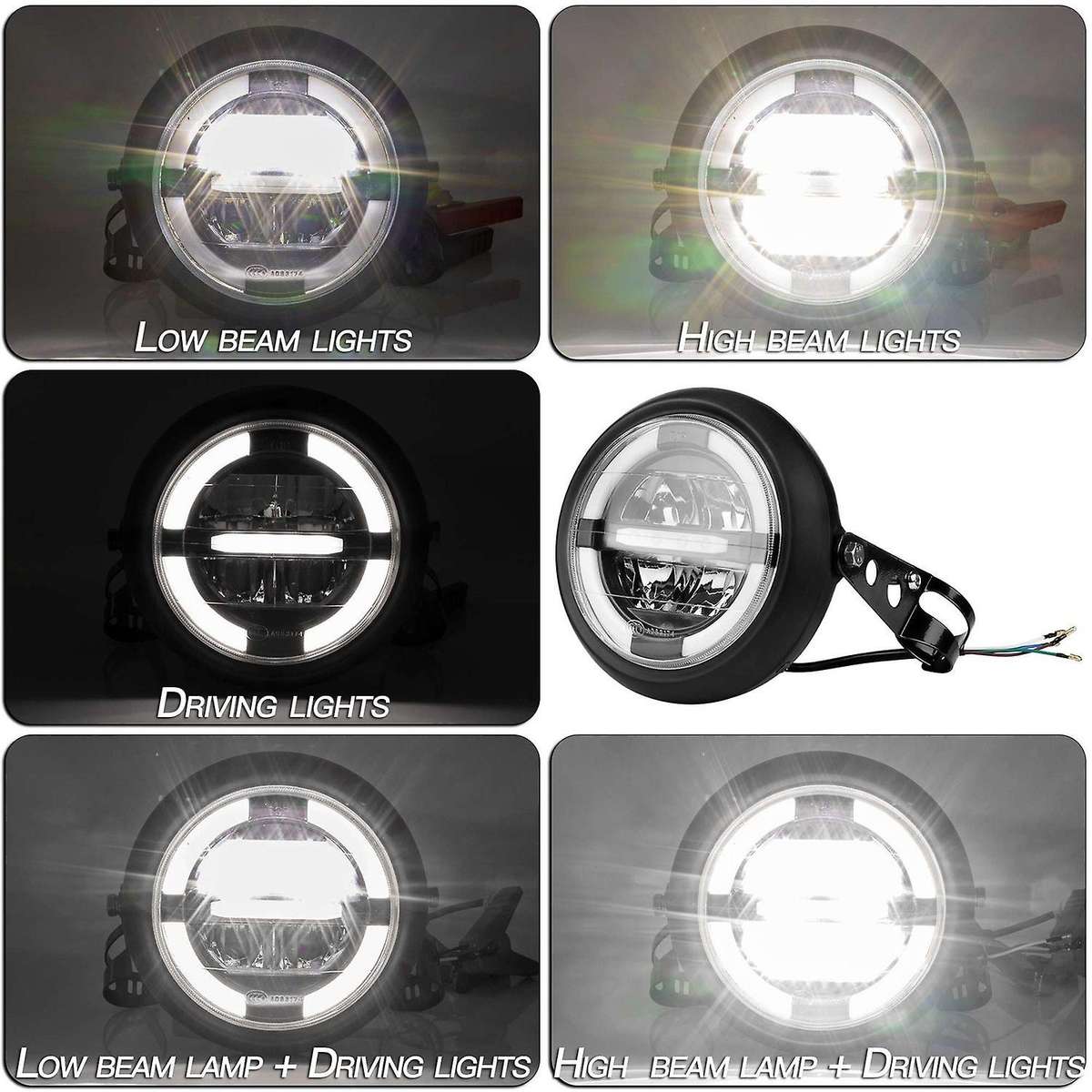 12V Universal Motorcycle Headlamp 7.5Inch Motorbike Refit Headlight Retro Black Round White Light He