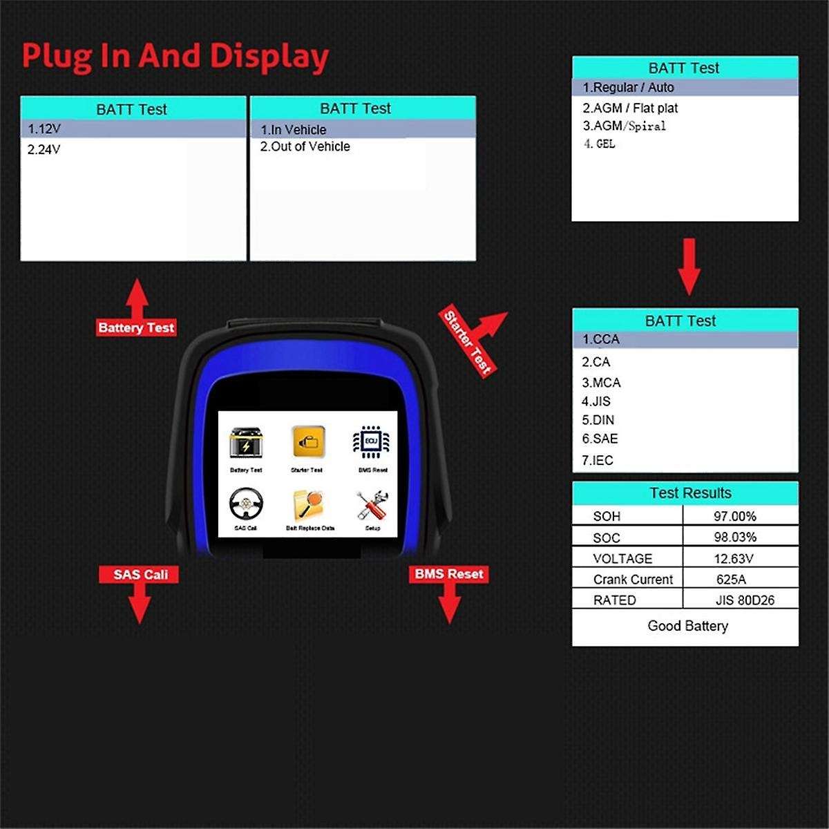 12V/24V Battery Tester Battery Registration BMS Reset Scanner 100-2000 for Car Heavy Duty Truck and