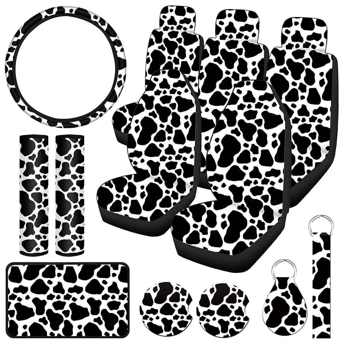 13PCS Cow Print Car Seat Cover Kit, Car Steering Wheel Cover, Seat Belt Pads, Car Coasters, Armrest