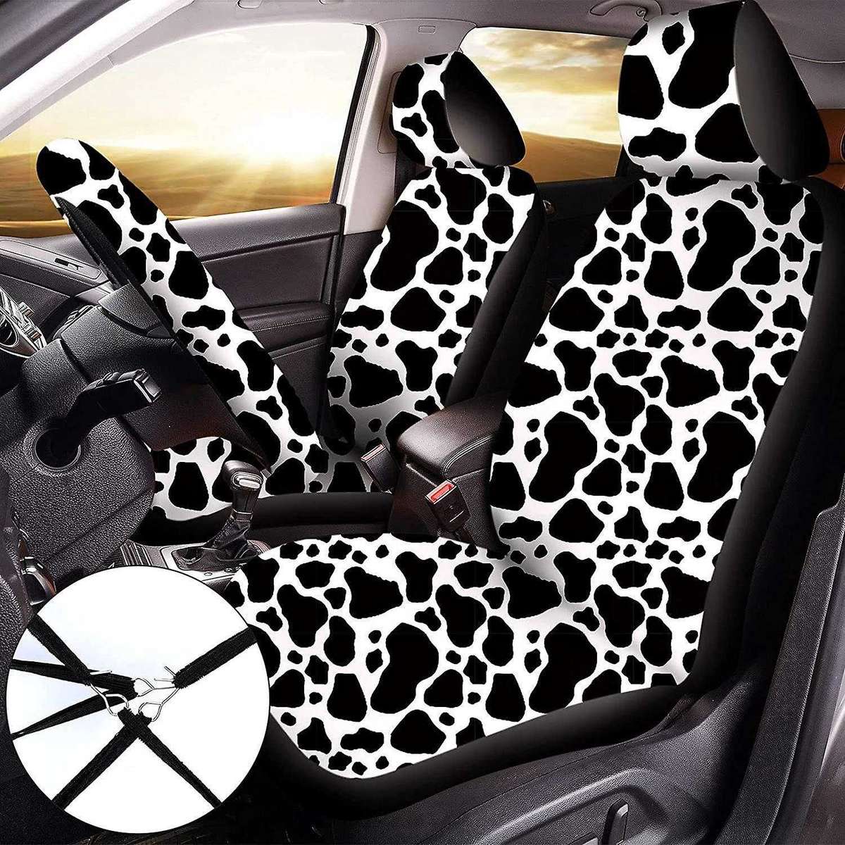 13PCS Cow Print Car Seat Cover Kit, Car Steering Wheel Cover, Seat Belt Pads, Car Coasters, Armrest