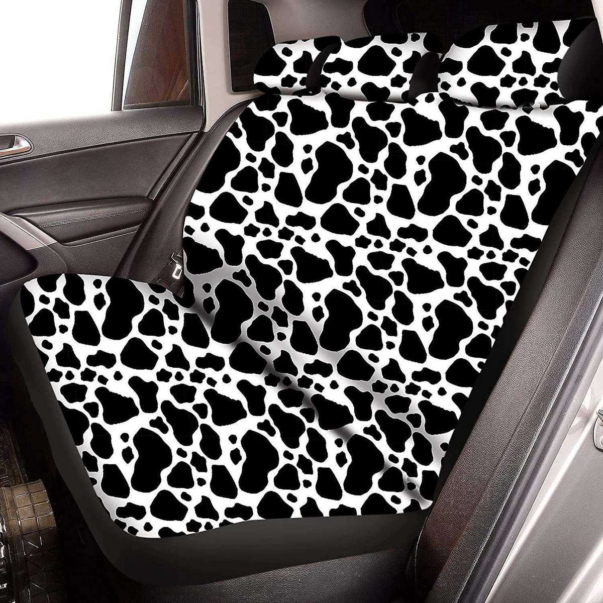13PCS Cow Print Car Seat Cover Kit, Car Steering Wheel Cover, Seat Belt Pads, Car Coasters, Armrest