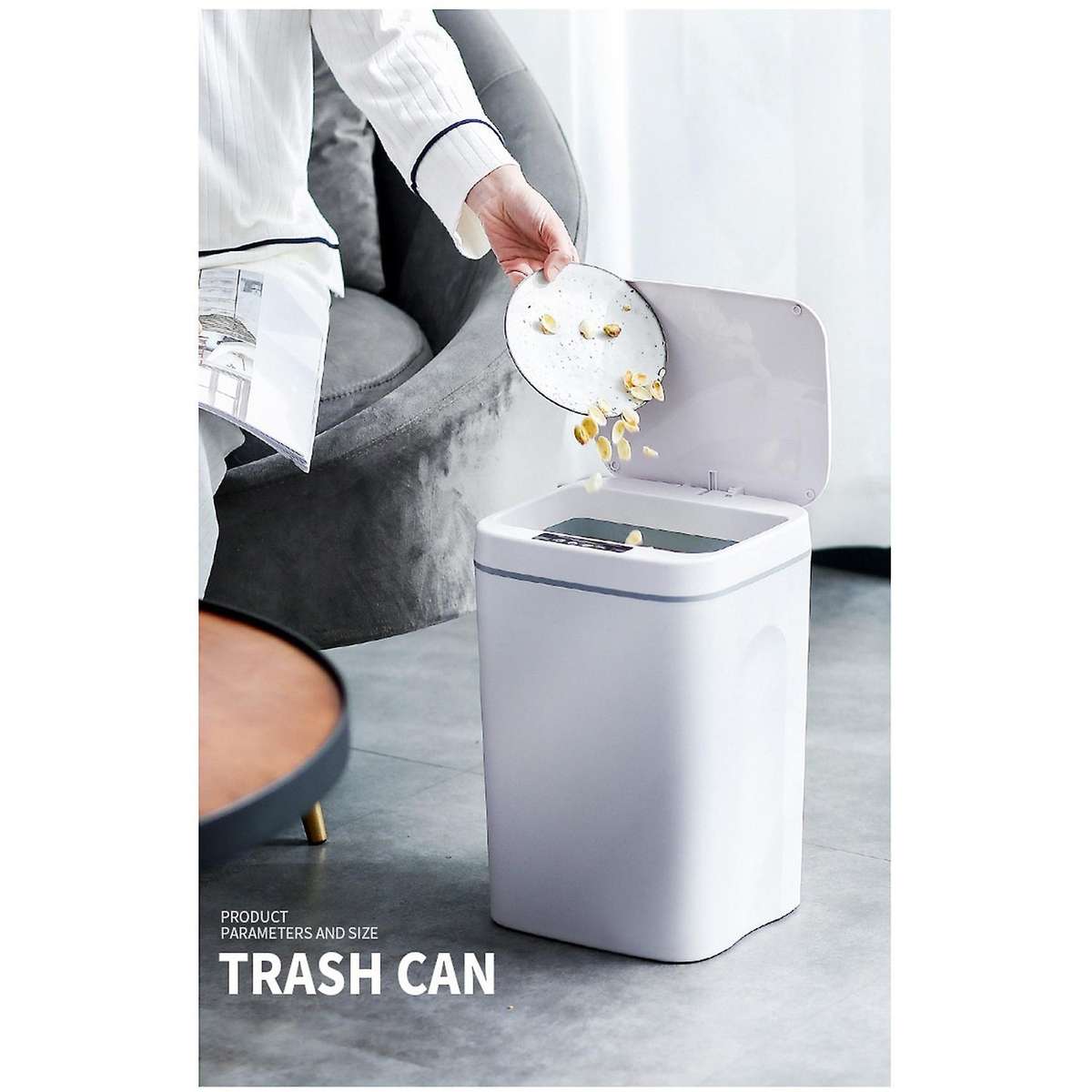 14L Intelligent Trash Can Automatic Sensor Dustbin Electric Waste Bin Rubbish Can for Kitchen,White