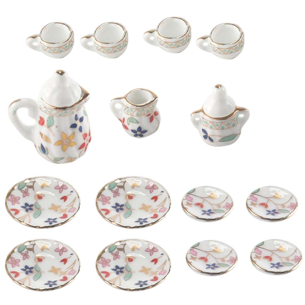 15 Piece Miniature Dinnerware Porcelain Tea Set Tableware Cup Plate Colorful Floral Print