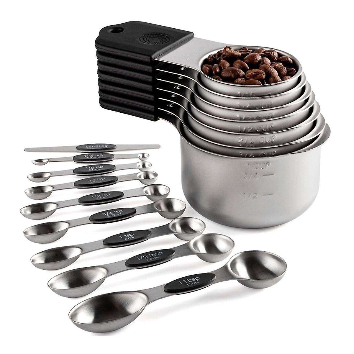16Pc Magnetic Stainless Steel Measuring Cups & Spoons Set, 7 Heavy Duty Cups,8 Double Sided Spoons