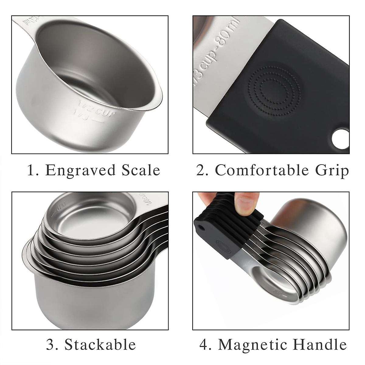 16Pc Magnetic Stainless Steel Measuring Cups & Spoons Set, 7 Heavy Duty Cups,8 Double Sided Spoons