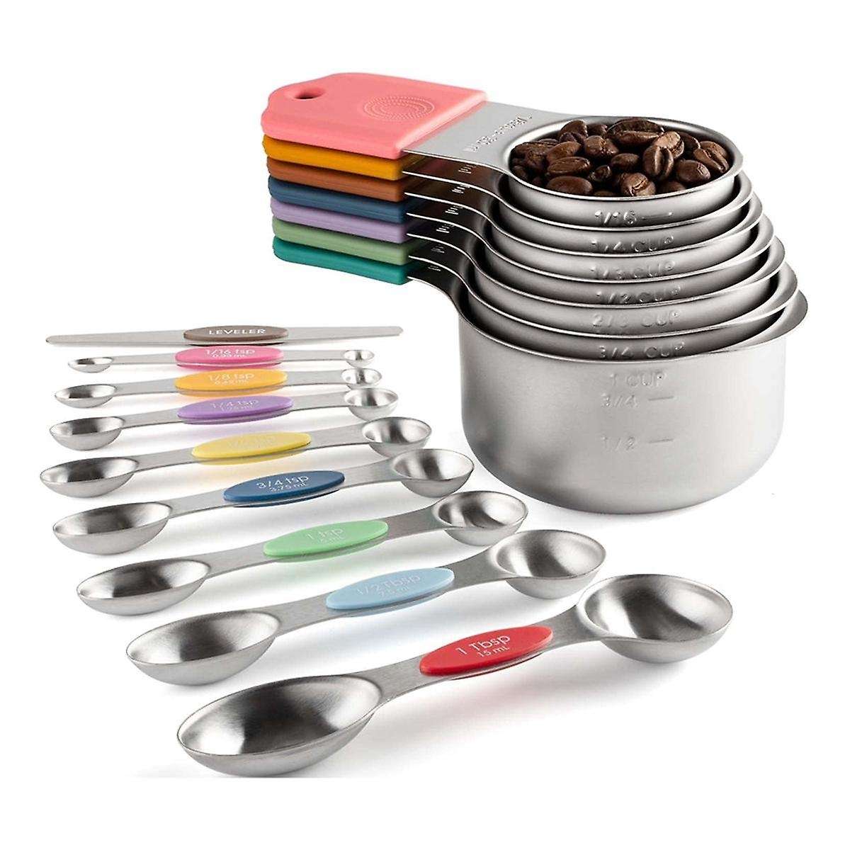 16Pc Magnetic Stainless Steel Measuring Cups&Spoons Set, 7 Heavy Duty Cups,8 Double Sided Spoons wit