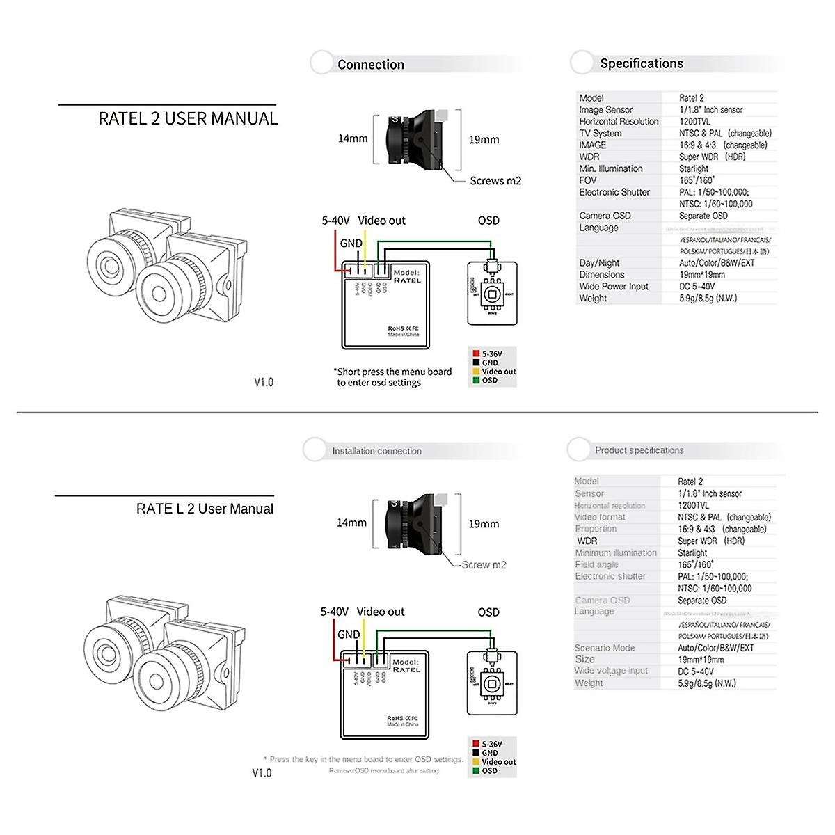19x19mm for 2 1/1.8Inch Starlight 1200TVL NTSC PAL 16:9 4:3 Switchable Super WDR FPV Micro-Camera fo