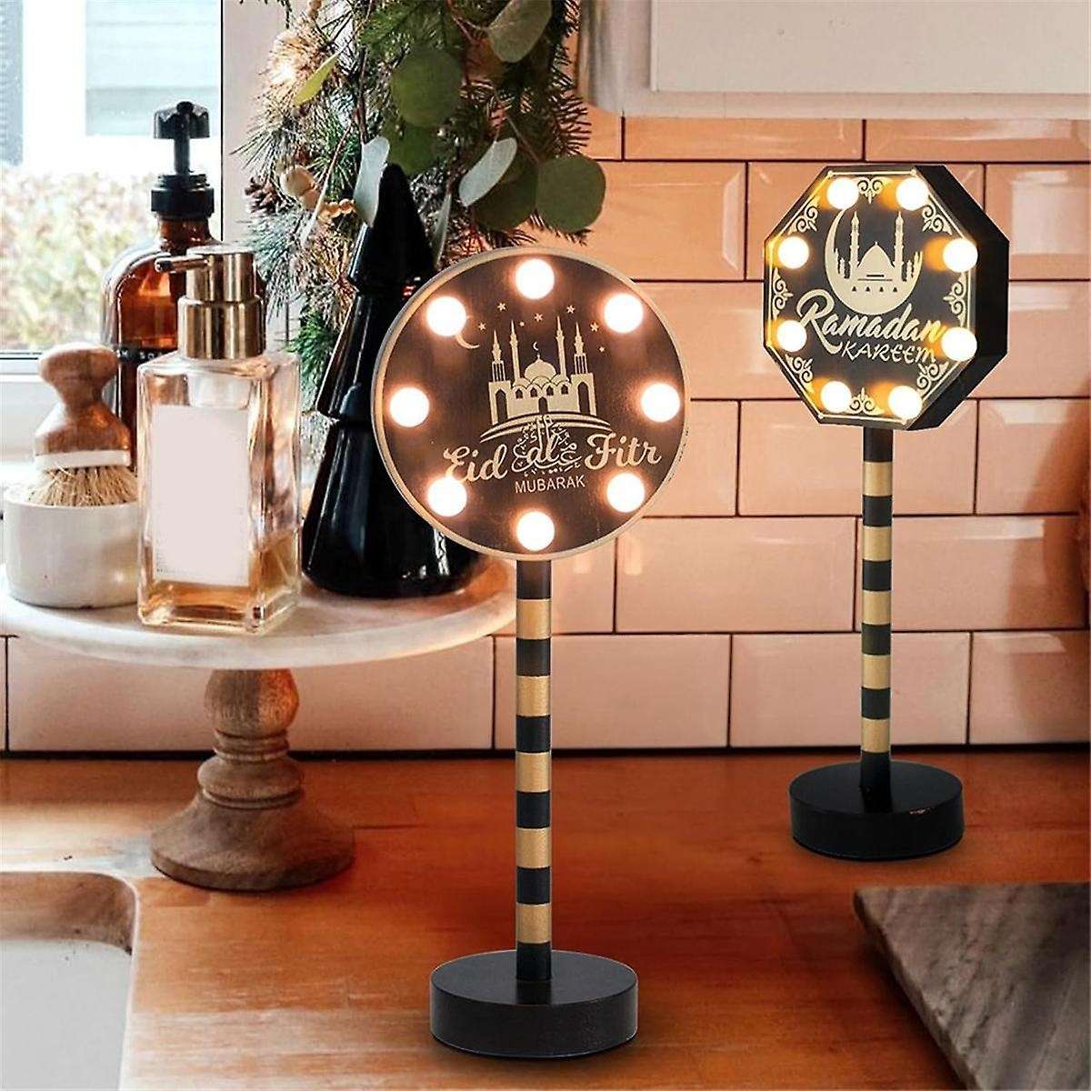 2 Pack Ramadan Decorations for Home, Wooden Ramadan Mubarak Table Centerpiece Lights, Eid Mubarak Cr