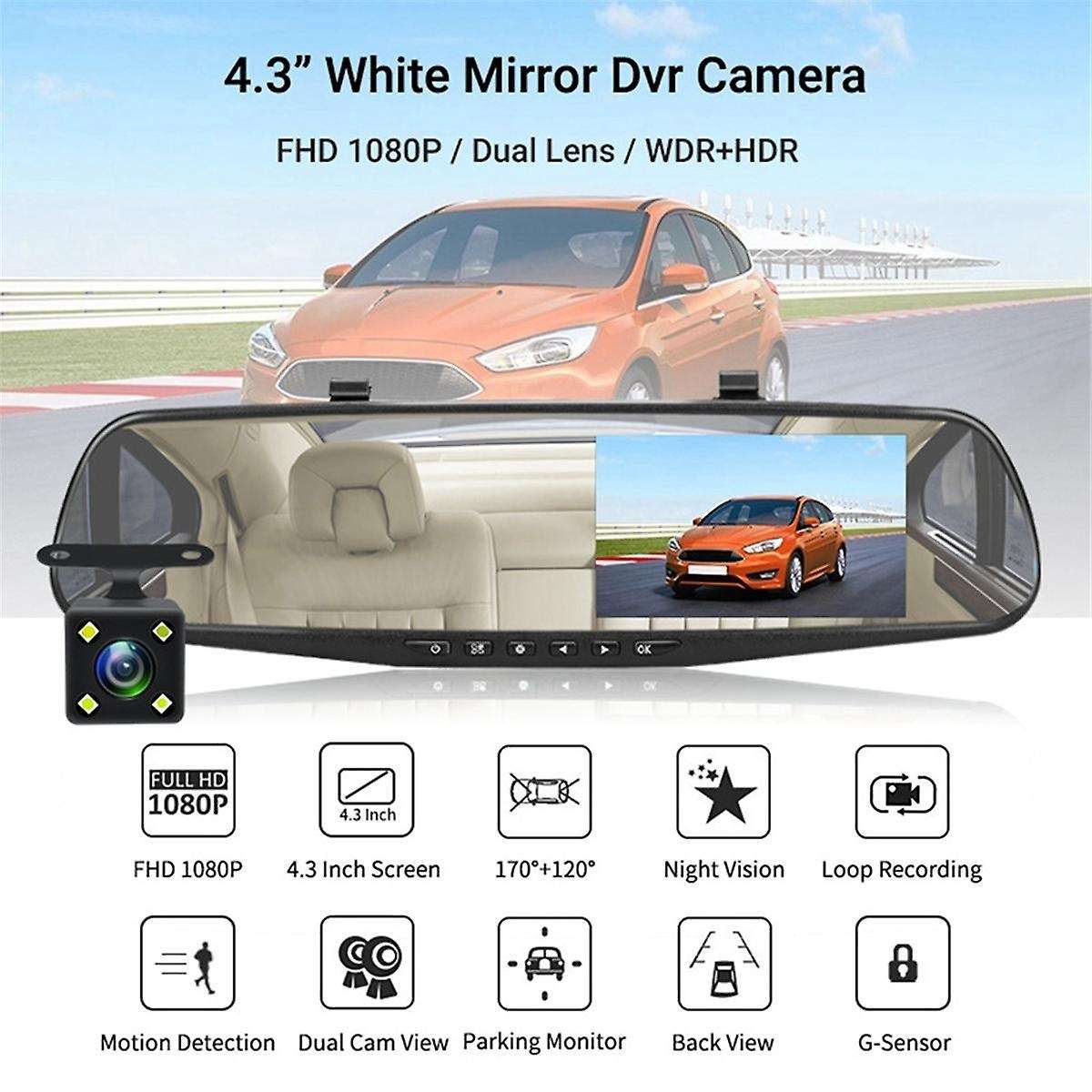 Dashcam White Mirror Dvr 4.3 Inch Dash Camera FHD 1080P Auto Registrar Support Rear View Camera Vide