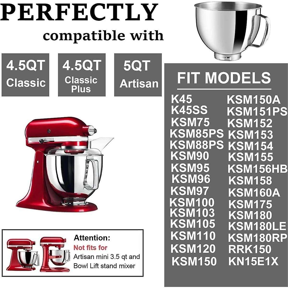 for 4.5-5QT Tilt-Head Stand Mixers Accessories Mixing Bowl with Handle+Dumping Protective Cover