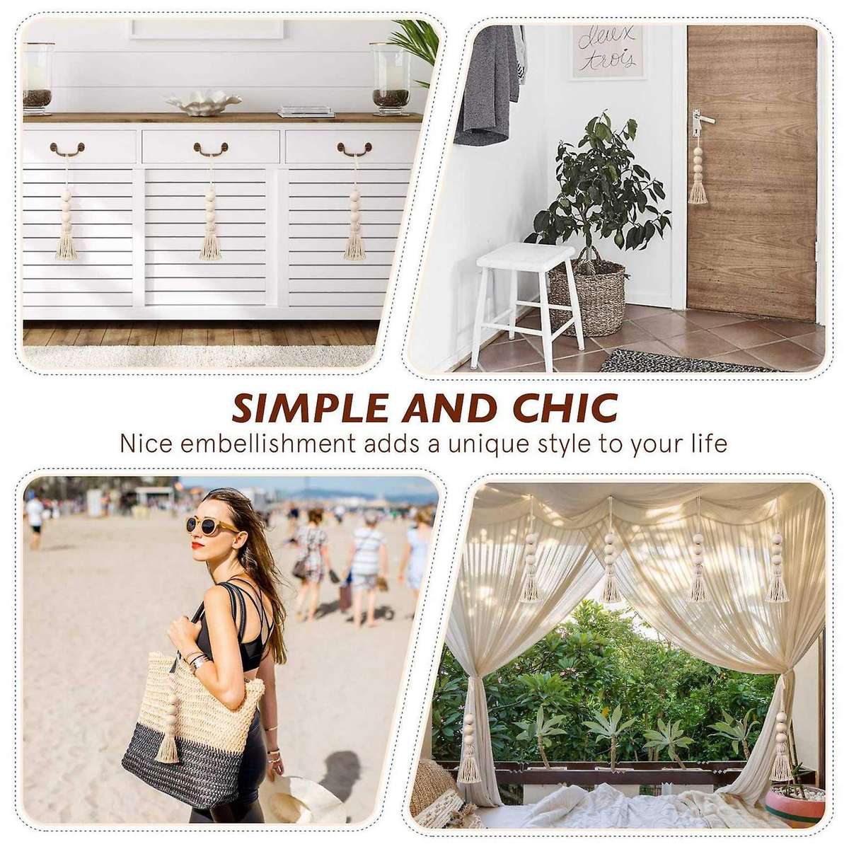 6pcs Wood Bead Garland Ornaments Farmhouse Beads with Tassel Hanging