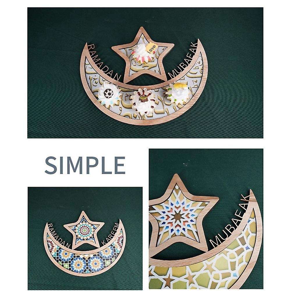 Moon Star Wooden Eid Decoration for Home Muslim Decor Food Tray(a)