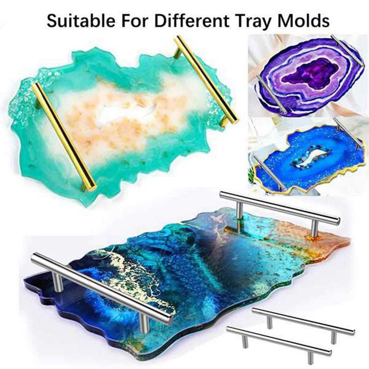 4pcs Silver Resin Tray Molds Handles Tray Handles Stainless Steel